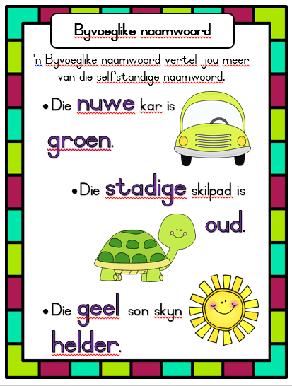 4 muurkaarte selfstandige en byvoeglike naamwoorde werkwoorde en