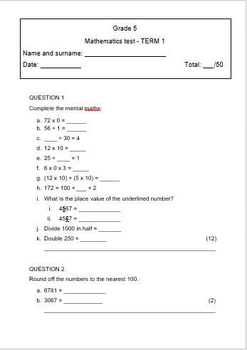 grade 5 mathematics test term 1 50 marks juffrou 911